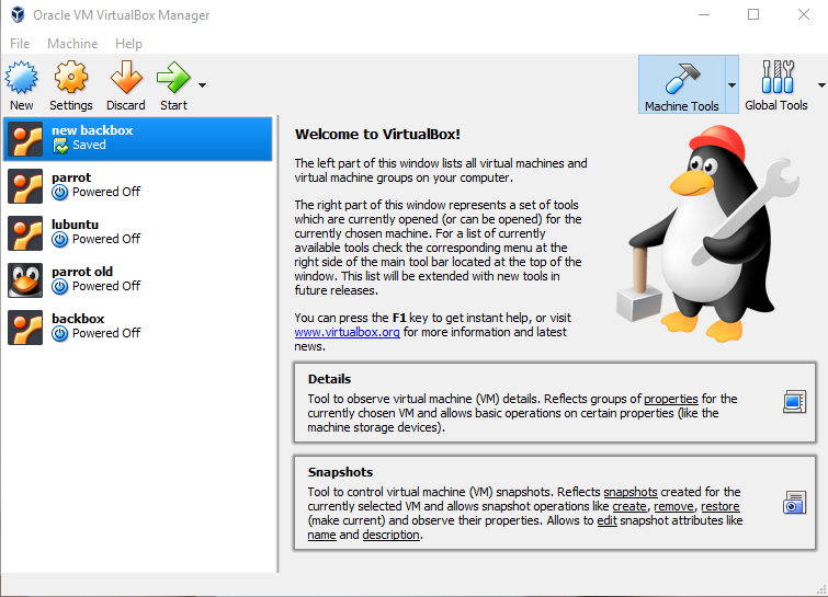 menu principale de virtualbox sur windows